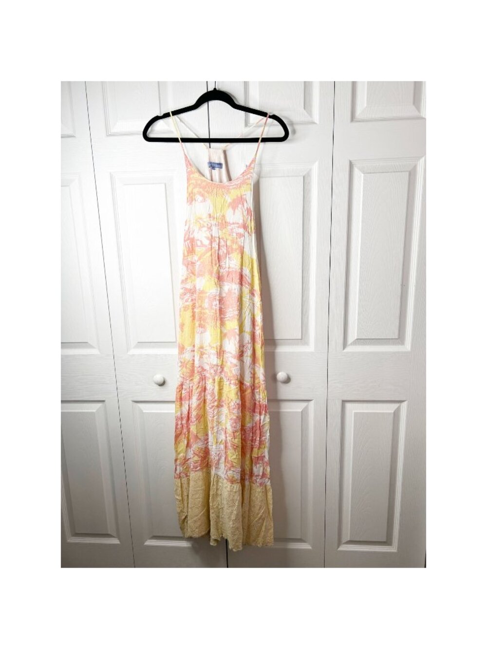 Paradised Aida White Pink Tropical Eyelet Hem Maxi Dress Women's Size X-Small XS